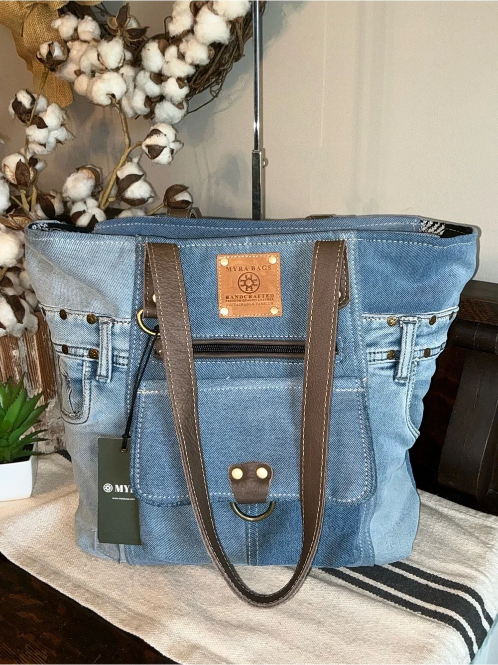NWT Myra Bag Ashley Adventure Upcycled Blue Denim Shoulder Tote Bag MSRP $65
